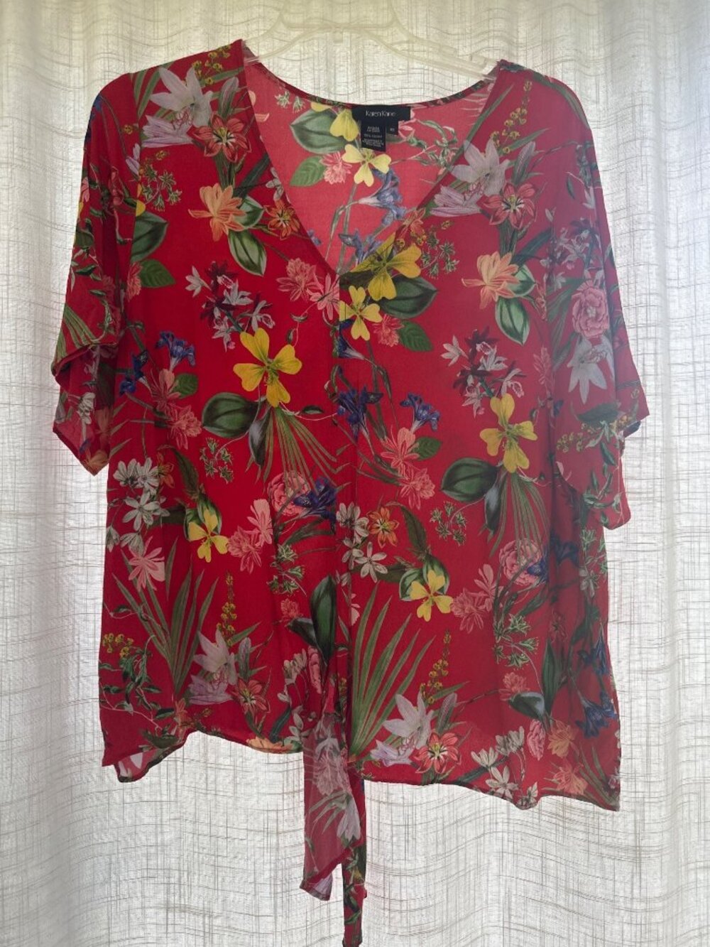 Karen Kane Red Floral Tie-Front Sheer Blouse 3X Viscose Short Sleeves Lightweigh